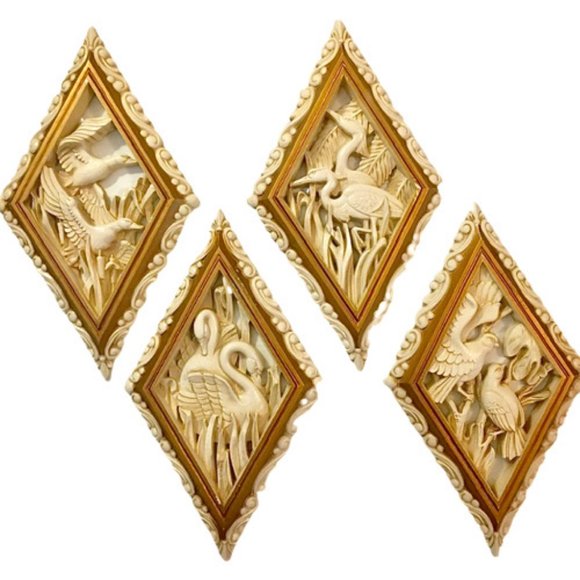 Burwood Bird Plaques Vintage 1973 Set of Four Diamond Shape 3D Cream Ivory Gold